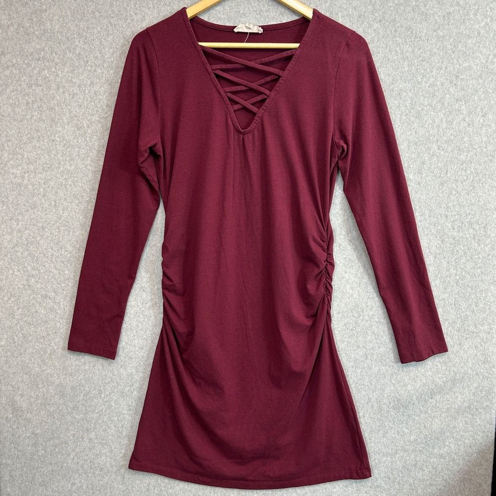 Synergy Dress Burgundy Red Lattice Neck Ruched Organic Cotton Witchy Size Medium